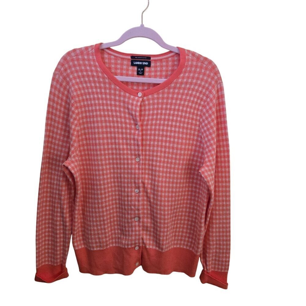 Lands' End Coral Check Supima Cotton Like New Condition Cardigan Sweater Size XL